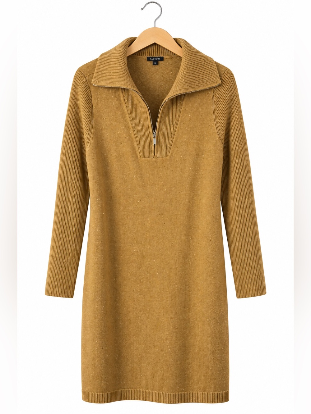 Talbots Tan Knit Sweater Dress Large Quarter Zip Long Sleeve Midi Preppy Classic
